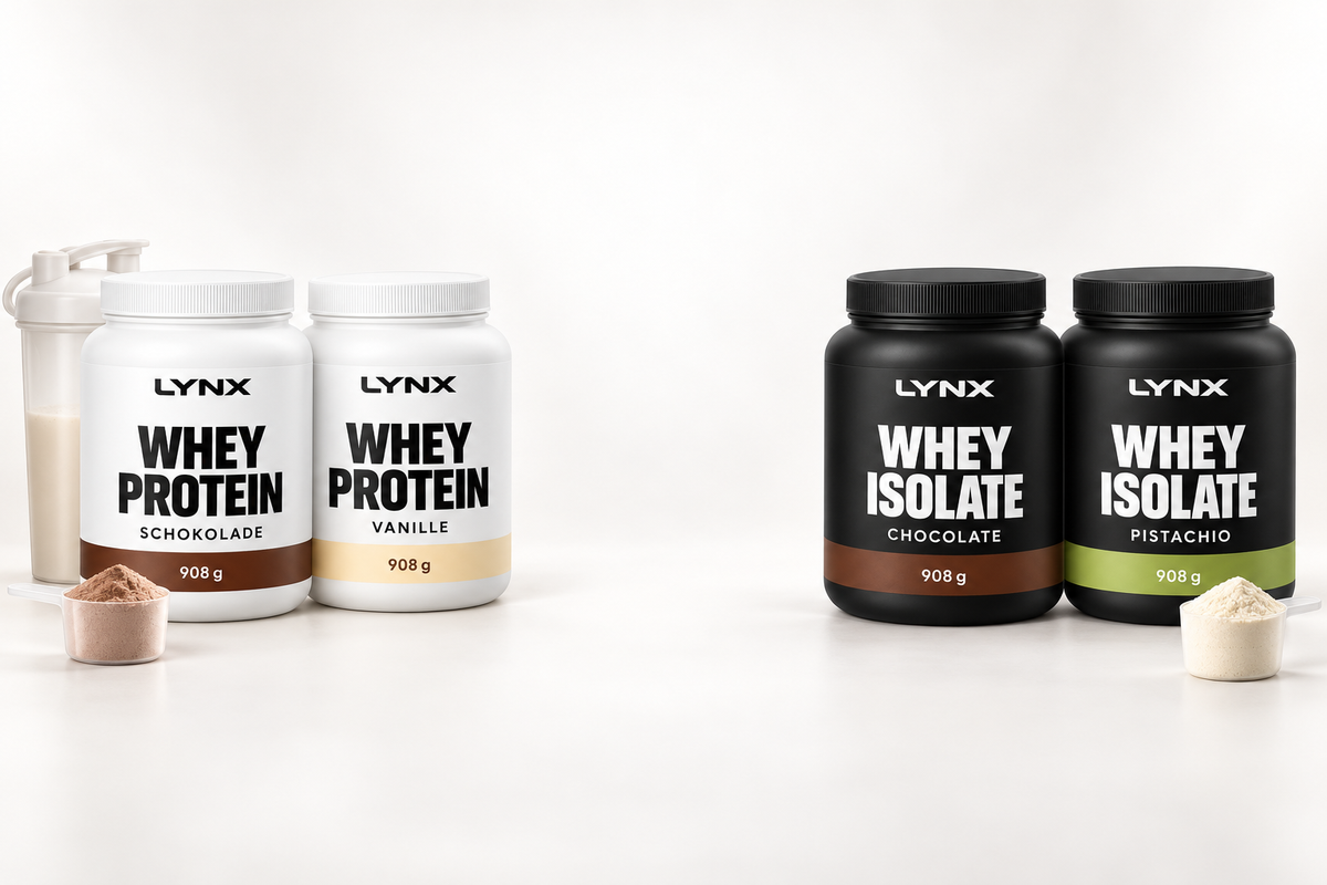 LYNX Whey Protein und Whey Isolate Dosen in verschiedenen Sorten (KI-generiert)