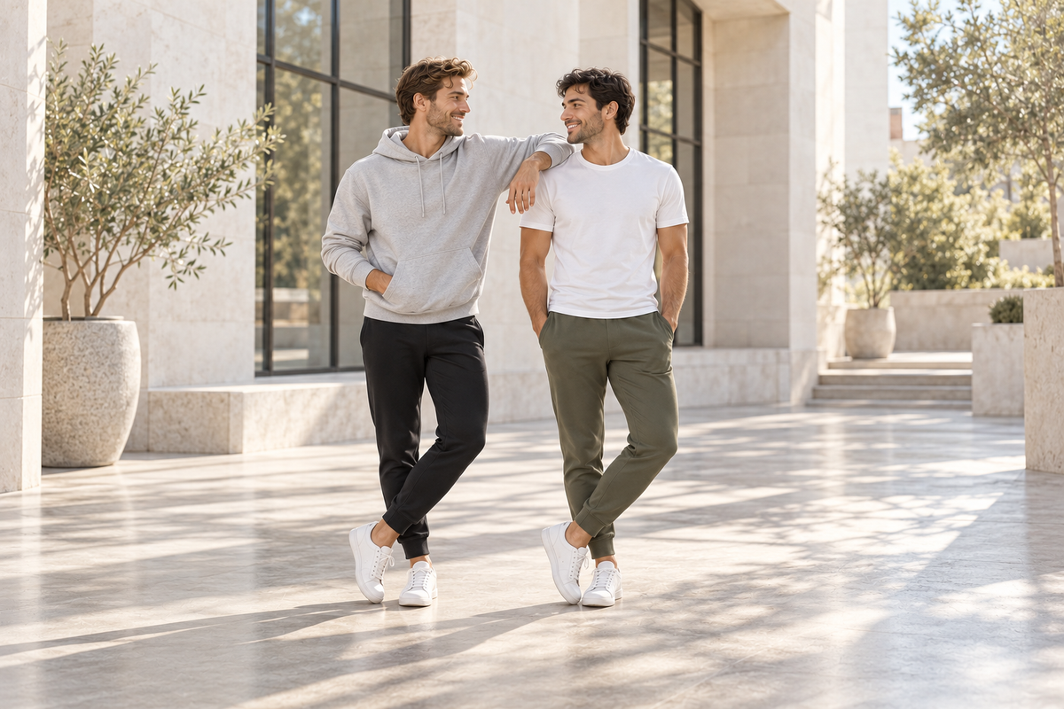 Sport Basics – Herren – Sportbekleidung in Szene (KI-generiert)